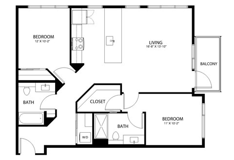 A black and white image of a floor plan for a home with a living room, two bedrooms, a bathroom, a closet, and a balcony.